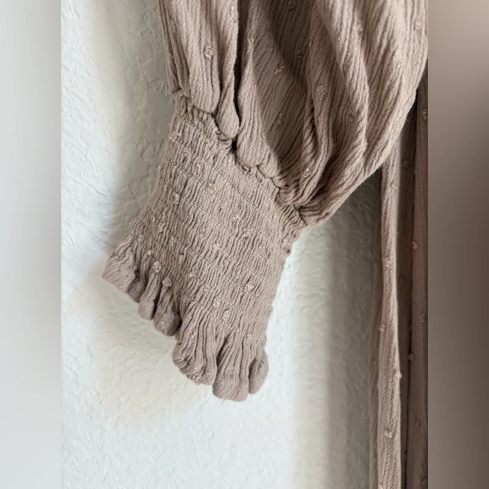 Baltic Born Lainey Smocked Swiss Dot Midi Dress Taupe Boho Long Sleeve Large - Picture 6 of 14